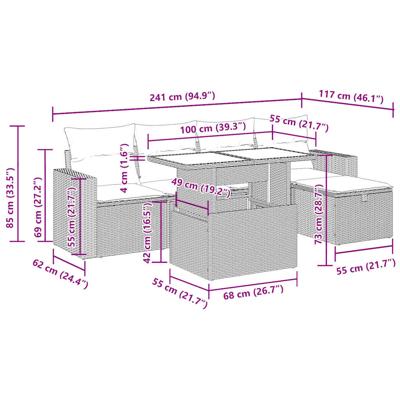 6-delige Loungeset met kussens poly rattan beige