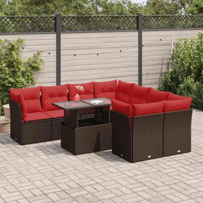 9-delige Loungeset met kussens poly rattan acacia bruin