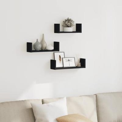 Wandschappen 3 st bewerkt hout zwart