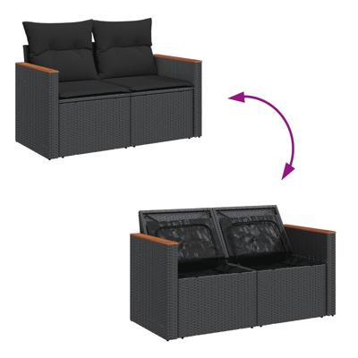 8-delige Loungeset met kussens poly rattan zwart