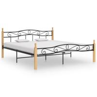 Bedframe metaal en massief eikenhout zwart 200x200 cm - thumbnail