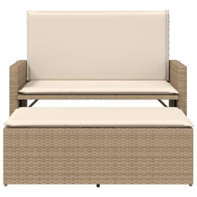 Tuinbank met kussens en voetenbank poly rattan beige