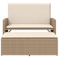 Tuinbank met kussens en voetenbank poly rattan beige - thumbnail