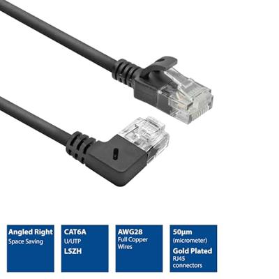 ACT Zwarte 3 meter U/UTP CAT6A LSZH slimline patchkabel met RJ45 connectoren. recht naar 90° haaks - thumbnail