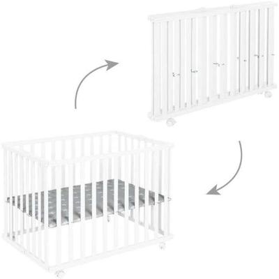 Opvouwbare babybox - ROBA - LITTLE STARS - 75 x 100 cm - In hoogte verstelbaar - 4 geremde wielen - Wit gelakt hout - Sterrenpatroon