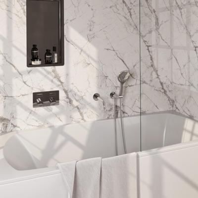 Brauer Stripe thermostatische inbouw badkraan met drukknoppen SET 04 met uitloop en 3-standen handdouche en doucheslang en wandaansluitbocht chroom