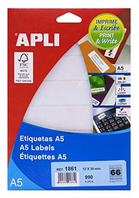 Apli witte etiketten Print & Write ft 12 x 30 mm (b x h), 990 stuks, 66 per blad (1861)