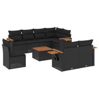 9-delige Loungeset met kussens poly rattan zwart - thumbnail