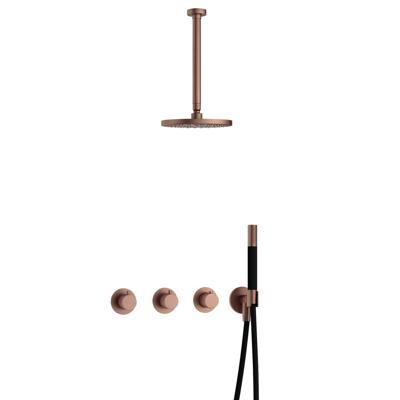 Hotbath Cobber - CB7067 - Inbouw Regendoucheset - Geborsteld Koper PVD - 2 Stopkranen - Thermostatisch - Plafondbuis 30 cm - Hoofddouche 200 mm - Staafhanddouche - Waterbesparend