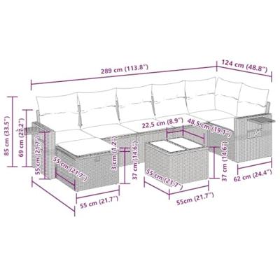 8-delige Loungeset met kussens poly rattan grijs