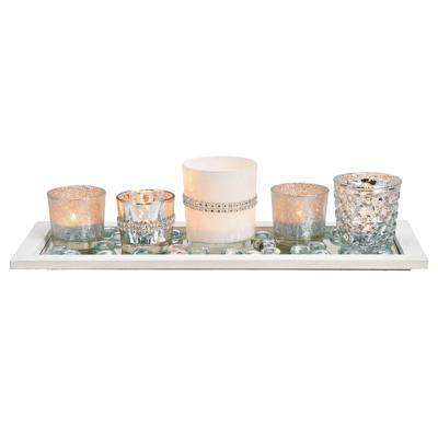 Windlichtset, 5-delige windlichten op hout, spiegelplateau, met glasdecor en glazen kralen, zilver, 7-delige set, (B/H/D) 37x10x14 cm