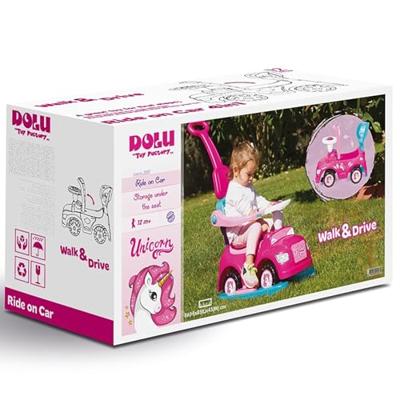 Dolu Eenhoorn Loopauto met Duwstang Roze - thumbnail
