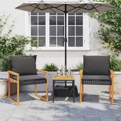 3-delige Bistroset met kussens poly rattan en acaciahout zwart