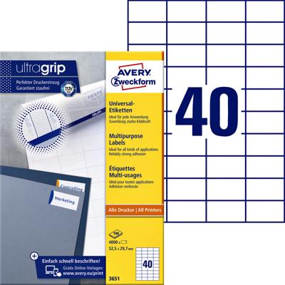 Avery-Zweckform 3651 Universele etiketten 52.5 x 29.7 mm Papier Wit 4000 stuk(s) Permanent hechtend Inkjet, Laser (zwart/wit), Laser (kleur), Kopiëren