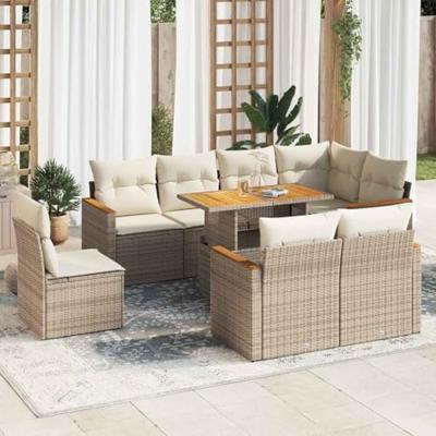 9-delige Loungeset met kussens poly rattan acacia beige