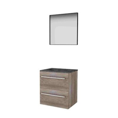 Basic-Line Framed 46 Badkamermeubelset - 60 x 46 cm - Met Grepen - 2 Lades - Hardstenen Wastafel - 1 Kraangat - Spiegel met Zwart Aluminium Frame - Scotch Oak