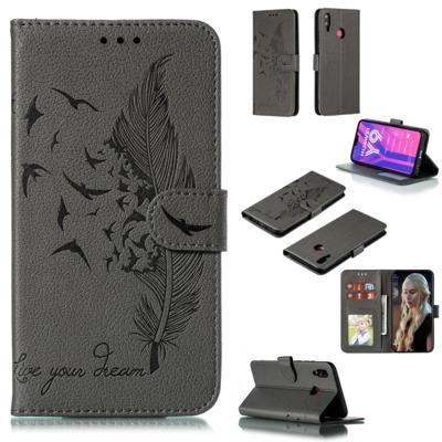 Feather patroon Litchi textuur horizontale Flip lederen draagtas met portemonnee & houder & kaartsleuven voor Huawei Y9 (2019) (grijs)
