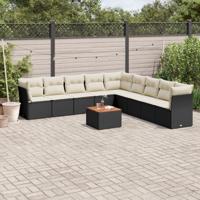 10-delige Loungeset met kussens poly rattan zwart - thumbnail