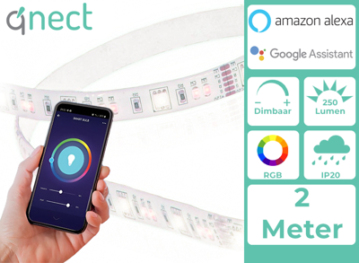 Qnect Slimme Wi-Fi LED Strip - 2M Verlengbaar - RGB + Wit Qnect Slimme Wi-Fi LED Strip - 2M Verlengbaar - RGB + Wit