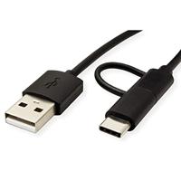ROLINE Kabel USB Micro B + Typ C M/M to USB2.0 A M, OTG, zwart, 1 m - thumbnail