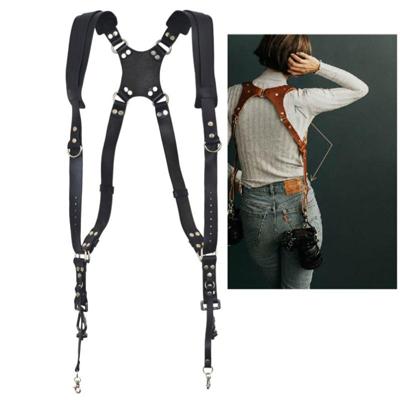 Quick Release anti-slip Dual schouder lederen harnas camera riem met metalen haak voor SLR/DSLR camera's (zwart)
