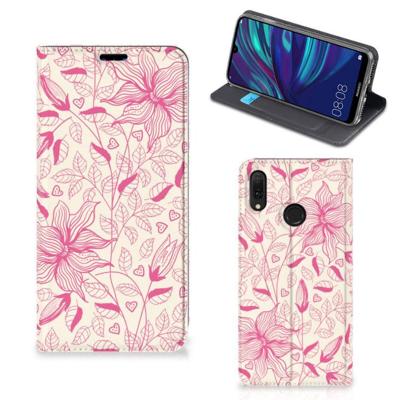 Huawei Y7 hoesje Y7 Pro (2019) Smart Cover Pink Flowers Huawei Y7 hoesje Y7 Pro (2019) Smart Cover Pink Flowers