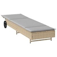 Ligbed met wielen en kussen poly rattan beige - thumbnail
