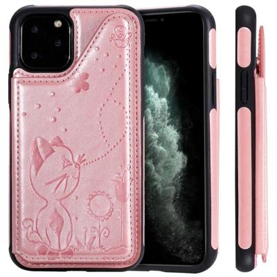 Voor iPhone 11 Pro kat Bee reliëf patroon schokbestendige beschermende case met kaartsleuven & fotolijstjes (Rose goud) Voor iPhone 11 Pro kat Bee reliëf patroon schokbestendige beschermende case met kaartsleuven & fotolijstjes (Rose goud)