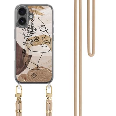 iPhone 16 hoesje met beige koord - Abstract gezicht bruin iPhone 16 hoesje met beige koord - Abstract gezicht bruin