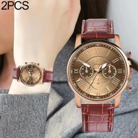 2 stuks drie-oog zes-naald imitatie riem quartz horloge voor vrouwen/mannen (bruin) - thumbnail