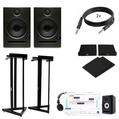 Presonus Eris E5 (2x) + statieven + monitorkalibratie + pads + kabels