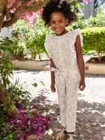 Meisjesjumpsuit met bloemen en ruches ecru - thumbnail