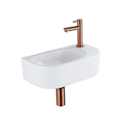 QeramiQ Fuente Fonteinset - 40x21.5x12cm - rechs - glad - halfrond - 1 kraangat - keramiek - fonteinkraan geborsteld koper - afvoerplug - verlaagd sifon - wit mat SW1209551/SW799405/SW799403/SW970033