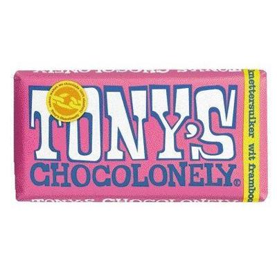 Chocolade Tony's Chocolonely wit framboos knettersuiker reep 180gr | 15 stuks Chocolade Tony's Chocolonely wit framboos knettersuiker reep 180gr | 15 stuks