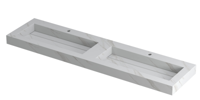 INK Pitch Wastafel Keramische Slab Bak Dubbel met Drain en Front en Side Skirts 2 Kraangaten - 1800x450x90 mm - Calacatta Mat
