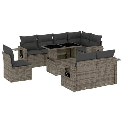 9-delige Loungeset met kussens poly rattan grijs