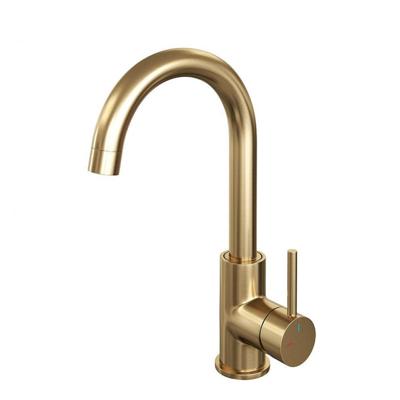 Wastafelmengkraan Brauer Gold Edition Coldstart Opbouw Hoog Gebogen Ronde Hendel Geborsteld Goud PVD Brauer Wastafelmengkraan Brauer Gold Edition Coldstart Opbouw Hoog Gebogen Ronde Hendel Geborsteld Goud PVD Brauer