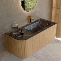 Mondiaz KURVE-DLUX 105 cm Onderkast Greeploos 1 Lade Met Deuren Oak, Wastafel Solid Surface Rechts Lava 1 Kraangat Zonder Spiegel (KRVBGS105L1L1D1KR-Oak/Lav) - thumbnail