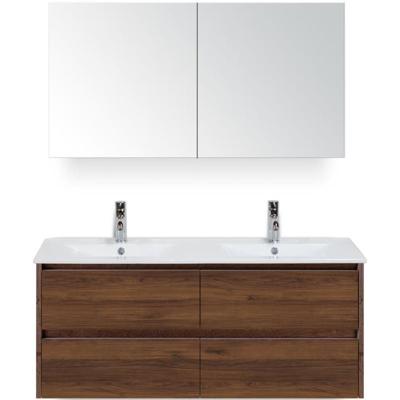 Dante Badmeubelset 120 cm - Walnoot - Keramische Wastafel Wit Enjoy met Spiegelkast