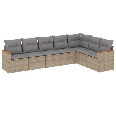 7-delige Loungeset met kussens poly rattan gemengd beige