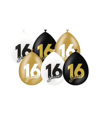 Ballonnen Celebration 16 Jaar Wit/Goud/Zwart (6st)