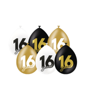 Ballonnen Celebration 16 Jaar Wit/Goud/Zwart (6st) - thumbnail
