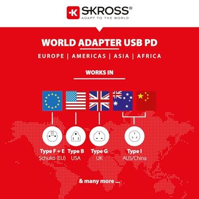 SKROSS - Pro Light USB AC30PD - Wereld - 3 -Pole Universal Travel Adapter voor de wereld met snel opladen PD PD Charger (1 X USB C 3A + 1 X USB 2.4A) - Power: 110V - 700W / 250V - 1750W