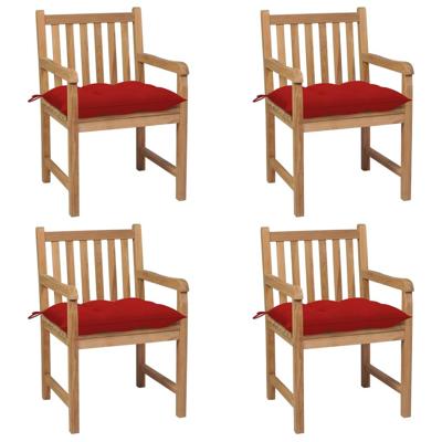 Tuinstoelen 4 st met rode kussens massief teakhout Tuinstoelen 4 st met rode kussens massief teakhout