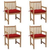 Tuinstoelen 4 st met rode kussens massief teakhout - thumbnail