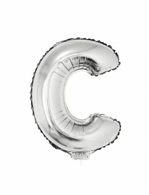 Folieballon zilver letter &apos;C&apos; met rietje