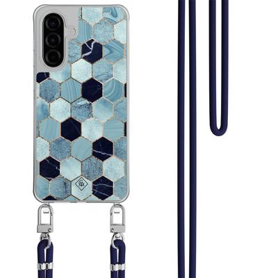 Samsung Galaxy A56 hoesje met donkerblauw koord - Blue cubes