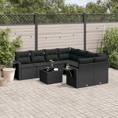 9-delige Loungeset met kussens poly rattan zwart