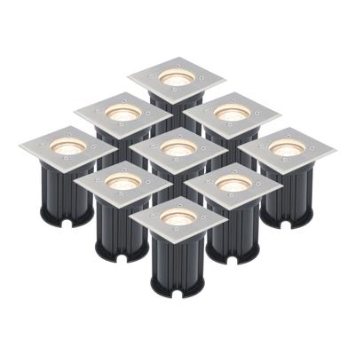 Set van 9 LED Grondspots vierkant buiten - Dimbaar - GU10 - 2700K warm wit - 4 Watt 345 lumen - Tuinspot - Oprit - RVS - IP65 Waterdicht