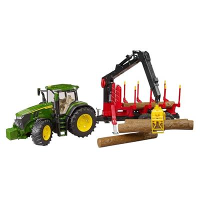 bruder John Deere 7R 350 met aanhanger en 4 boomstammen modelvoertuig - thumbnail